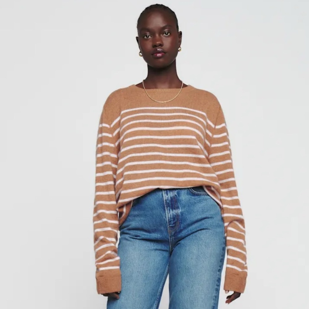 Reformation Cashmere Boyfriend Sweater Camel/gossamer Stripe - Size XS